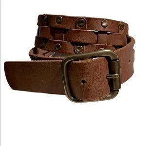 Fossil Brass & Brown Weaved Rivetted Leather Belt Like New Unisex